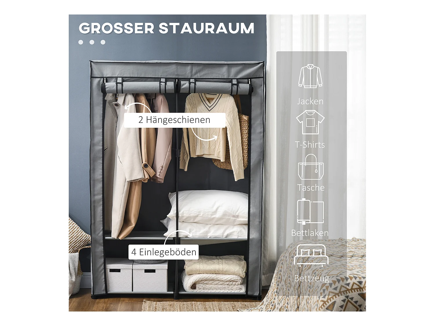 Armoire à vêtements en tissu avec 2 barres de suspension, 4 étagères, gris clair (118x49x170 cm)