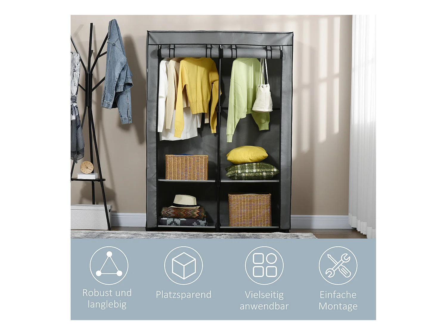 Armoire à vêtements en tissu avec 2 barres de suspension, 4 étagères, gris clair (118x49x170 cm)