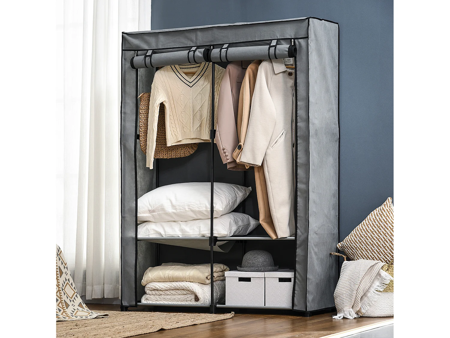 Armoire à vêtements en tissu avec 2 barres de suspension, 4 étagères, gris clair (118x49x170 cm)