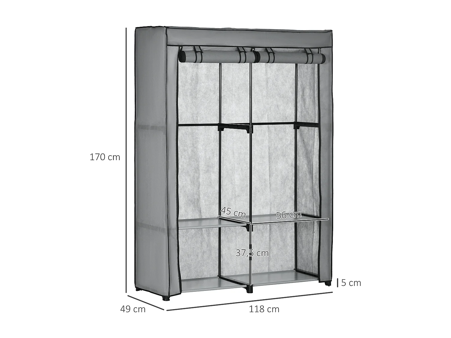 Armoire à vêtements en tissu avec 2 barres de suspension, 4 étagères, gris clair (118x49x170 cm)