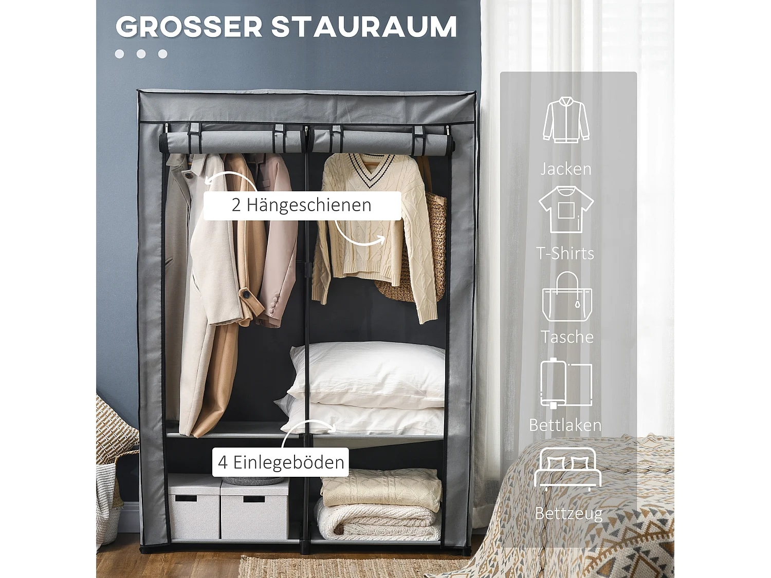 Armoire à vêtements en tissu avec 2 barres de suspension, 4 étagères, gris clair (118x49x170 cm)