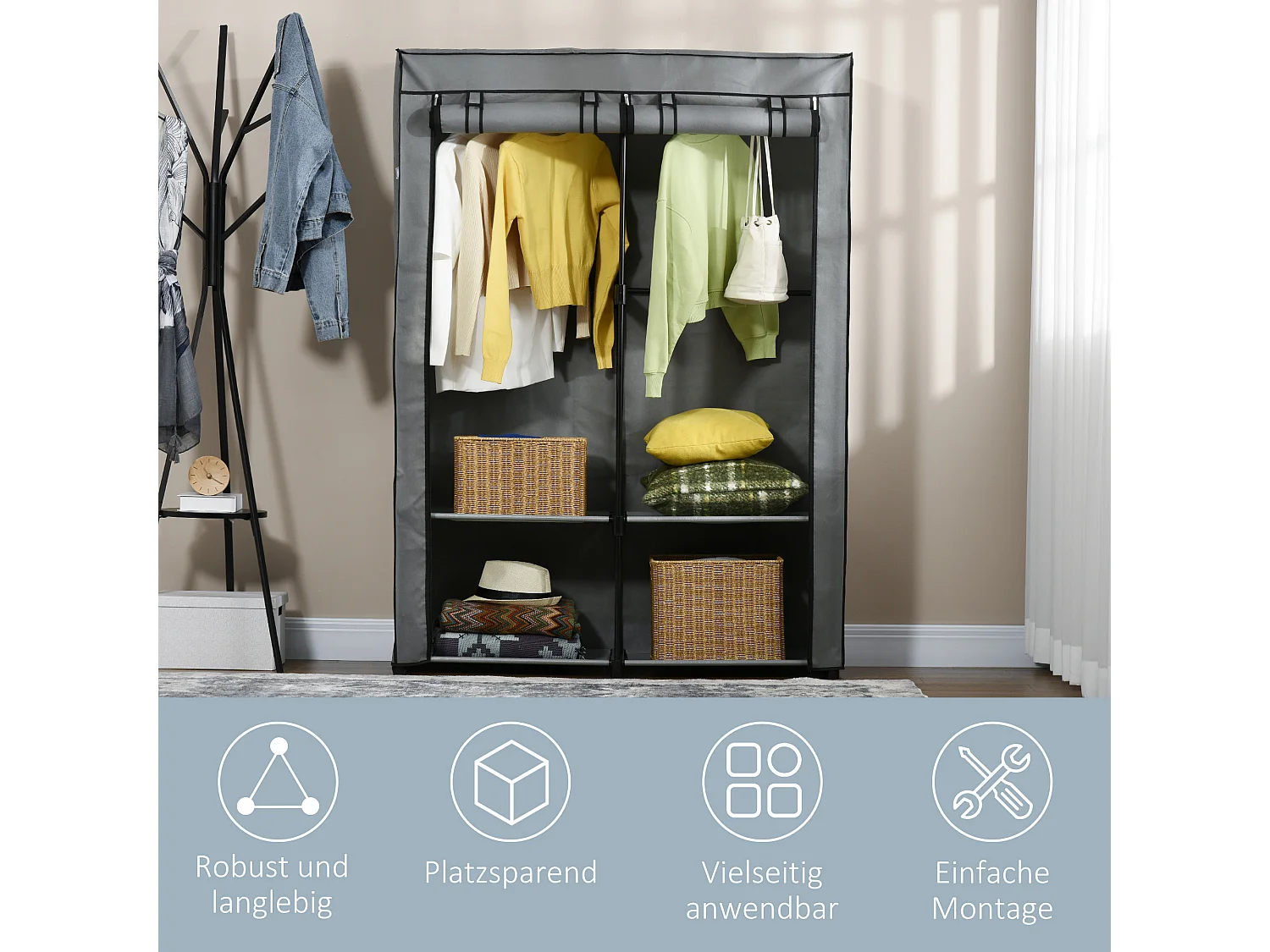 Armoire à vêtements en tissu avec 2 barres de suspension, 4 étagères, gris clair (118x49x170 cm)