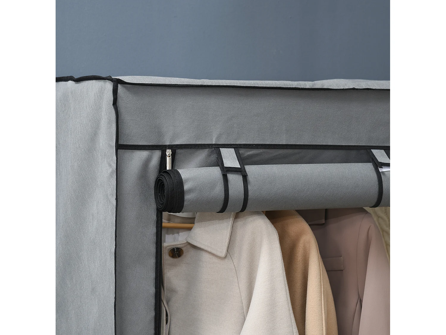 Armoire à vêtements en tissu avec 2 barres de suspension, 4 étagères, gris clair (118x49x170 cm)