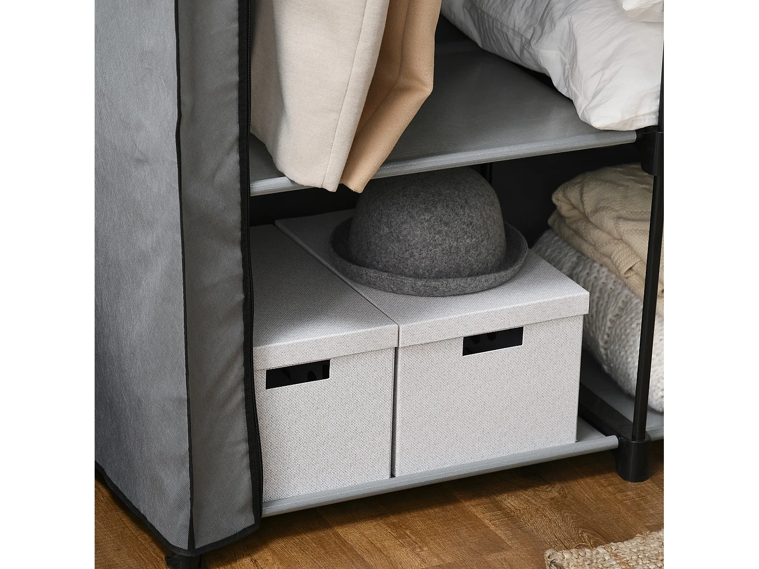 Armoire à vêtements en tissu avec 2 barres de suspension, 4 étagères, gris clair (118x49x170 cm)