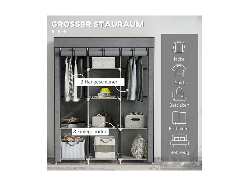 Armoire à vêtements pliable, avec 8 étagères et tringle, tissu, gris foncé (125x43x162.5 cm)