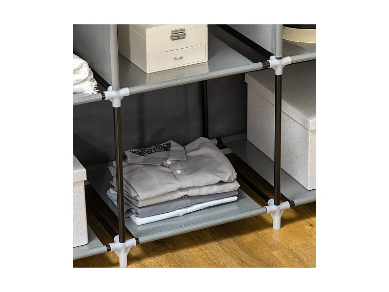 Armoire à vêtements pliable, avec 8 étagères et tringle, tissu, gris foncé (125x43x162.5 cm)