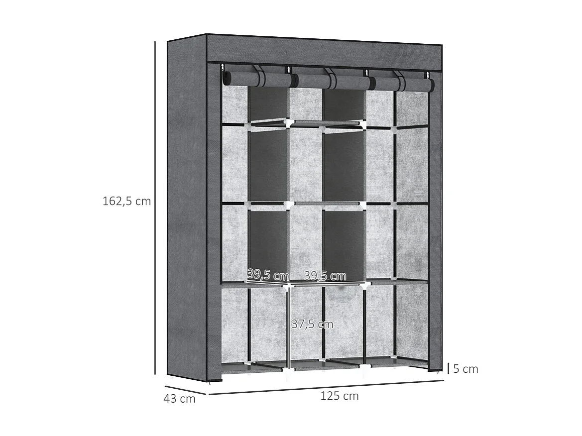 Armoire à vêtements pliable, avec 8 étagères et tringle, tissu, gris foncé (125x43x162.5 cm)