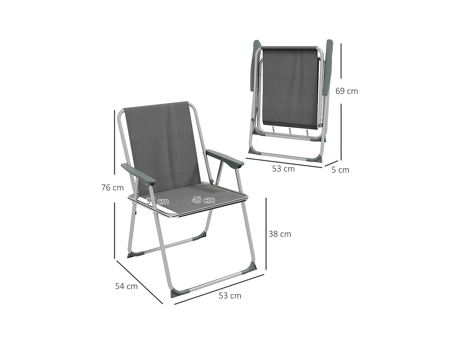 Lot de 4 chaises pliantes avec dossier et accoudoirs, tissu Oxford, gris (53x54x76 cm)