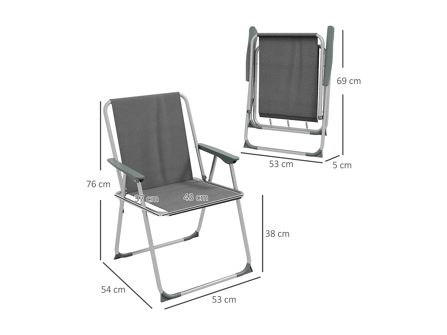 Lot de 4 chaises pliantes avec dossier et accoudoirs, tissu Oxford, gris (53x54x76 cm)