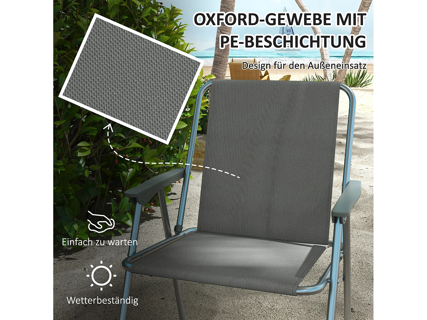 Lot de 4 chaises pliantes avec dossier et accoudoirs, tissu Oxford, gris (53x54x76 cm)