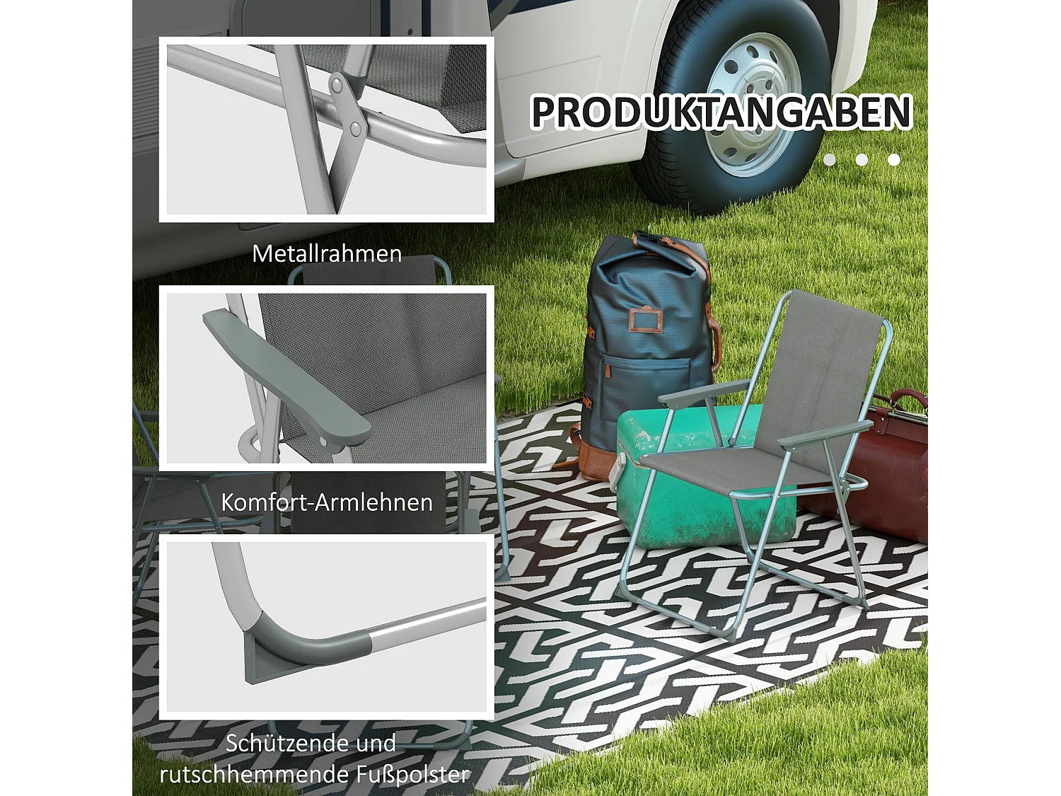 Lot de 4 chaises pliantes avec dossier et accoudoirs, tissu Oxford, gris (53x54x76 cm)