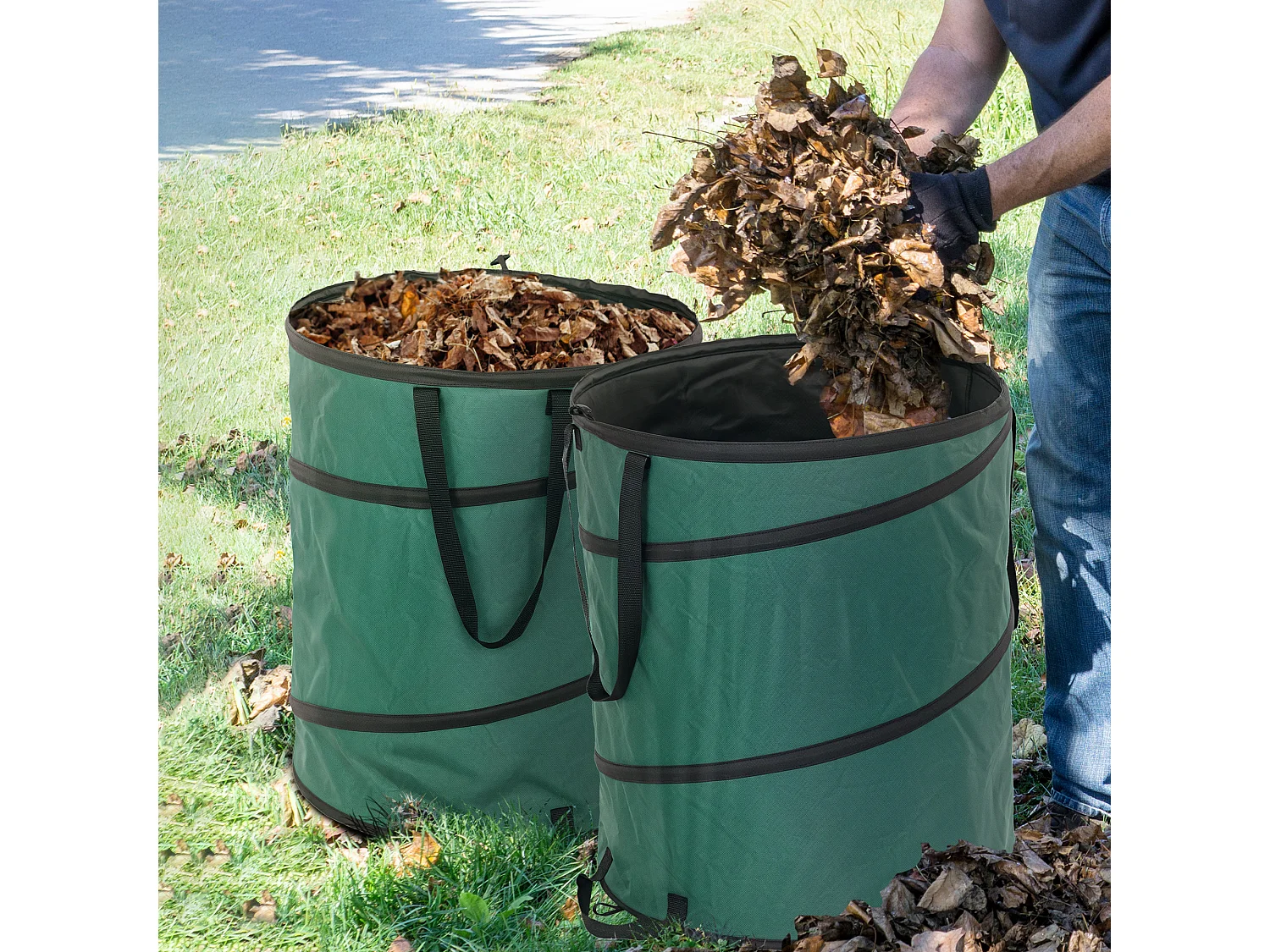 Sac de jardin étanche 2 pièces, grande capacité 160L, polyester Oxford vert, autoportant avec fermeture éclair (55x55x65cm)