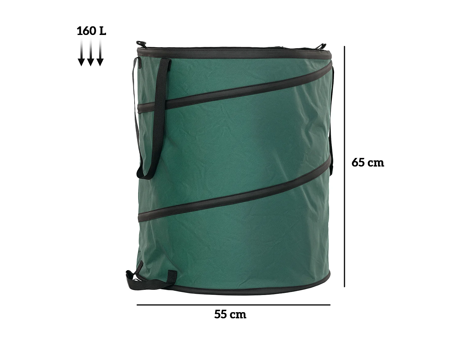 Sac de jardin étanche 2 pièces, grande capacité 160L, polyester Oxford vert, autoportant avec fermeture éclair (55x55x65cm)