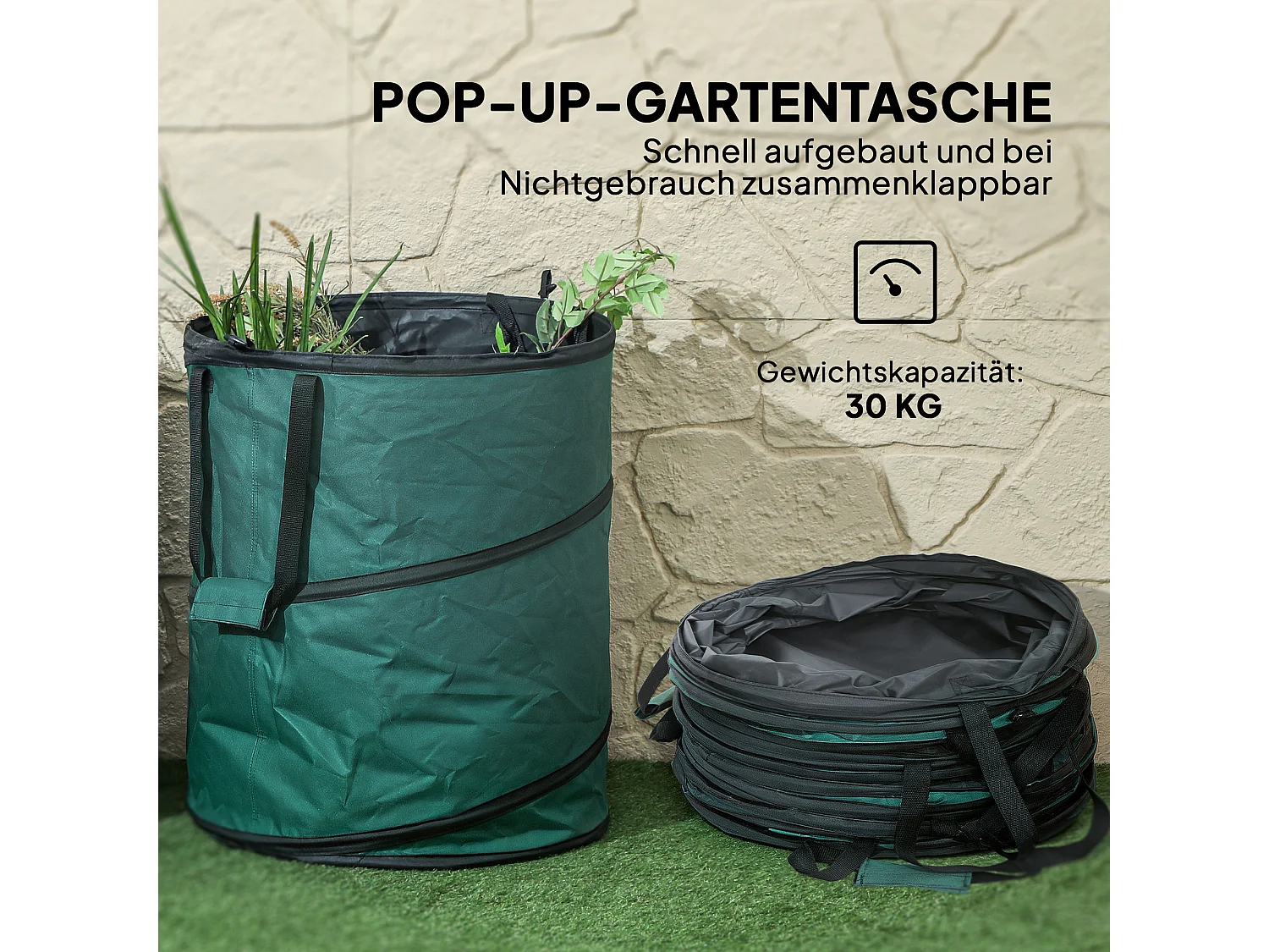 Sac de jardin étanche 2 pièces, grande capacité 160L, polyester Oxford vert, autoportant avec fermeture éclair (55x55x65cm)