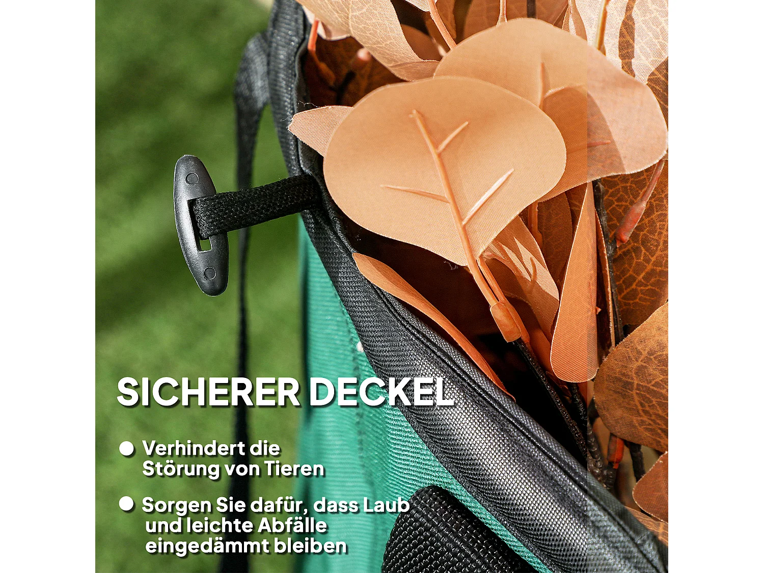 Sac de jardin étanche 2 pièces, grande capacité 160L, polyester Oxford vert, autoportant avec fermeture éclair (55x55x65cm)