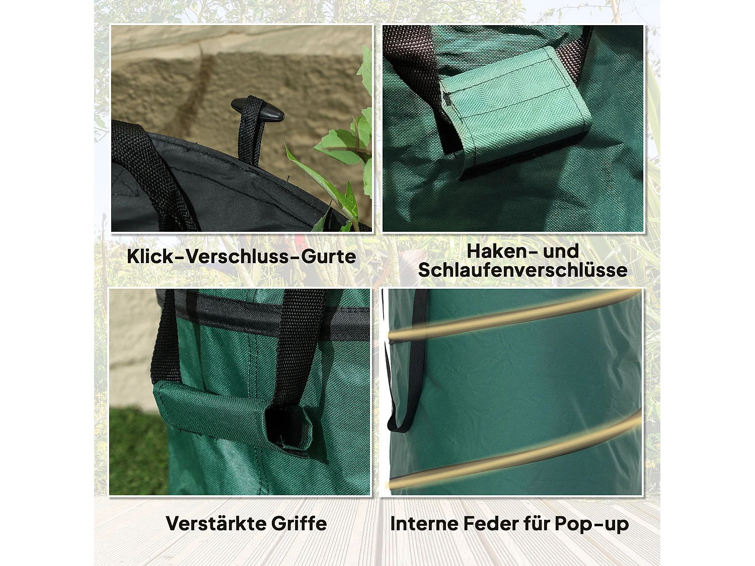 Sac de jardin étanche 2 pièces, grande capacité 160L, polyester Oxford vert, autoportant avec fermeture éclair (55x55x65cm)