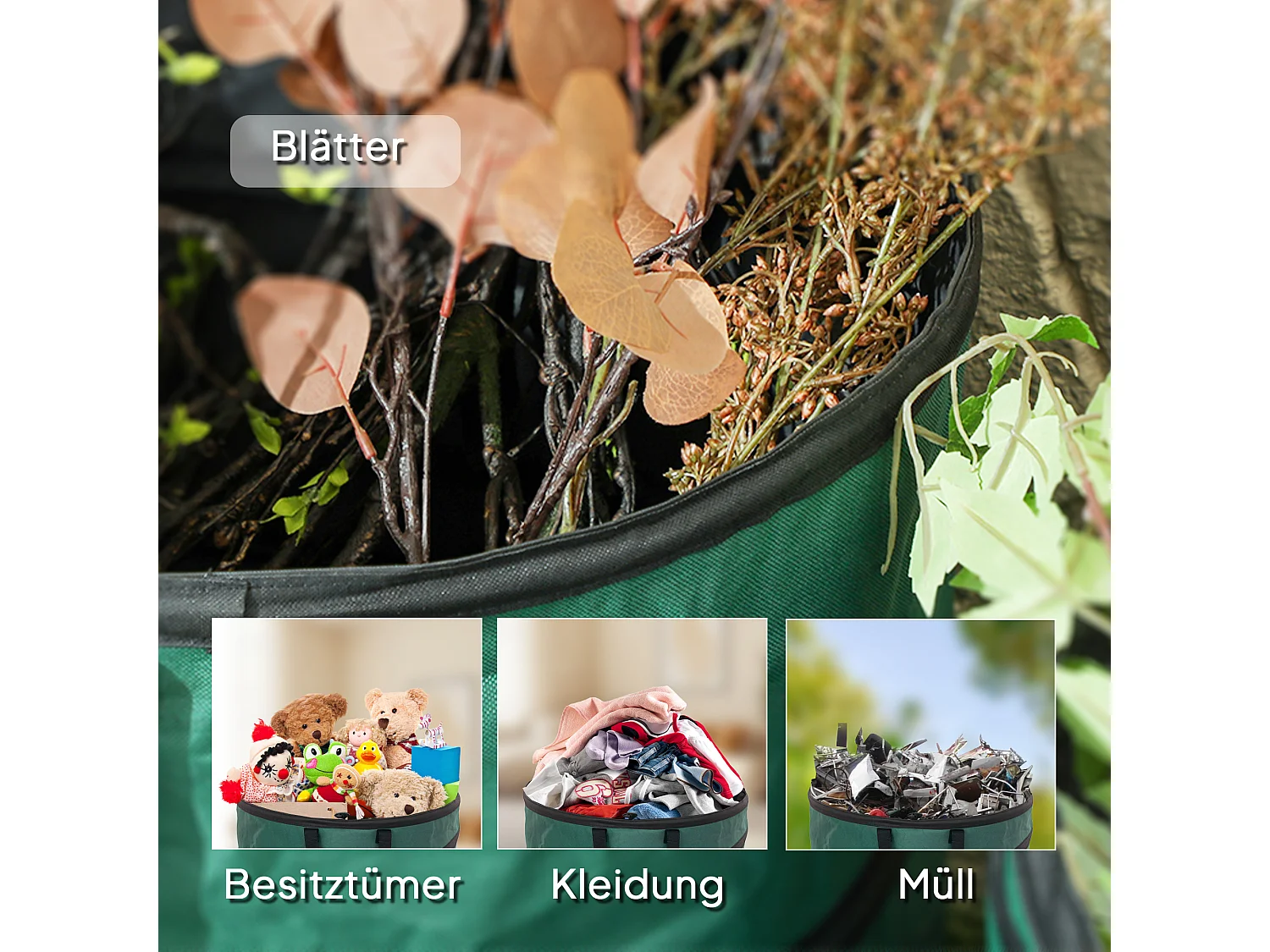 Sac de jardin étanche 2 pièces, grande capacité 160L, polyester Oxford vert, autoportant avec fermeture éclair (55x55x65cm)