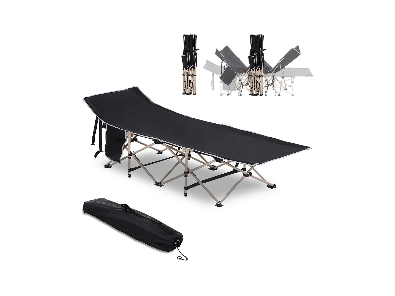 Lit de camping pliable, cadre en acier, toile Oxford, noir (190x68x52 cm)