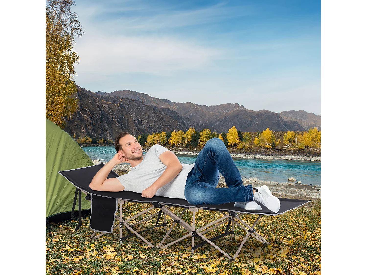 Lit de camping pliable, cadre en acier, toile Oxford, noir (190x68x52 cm)