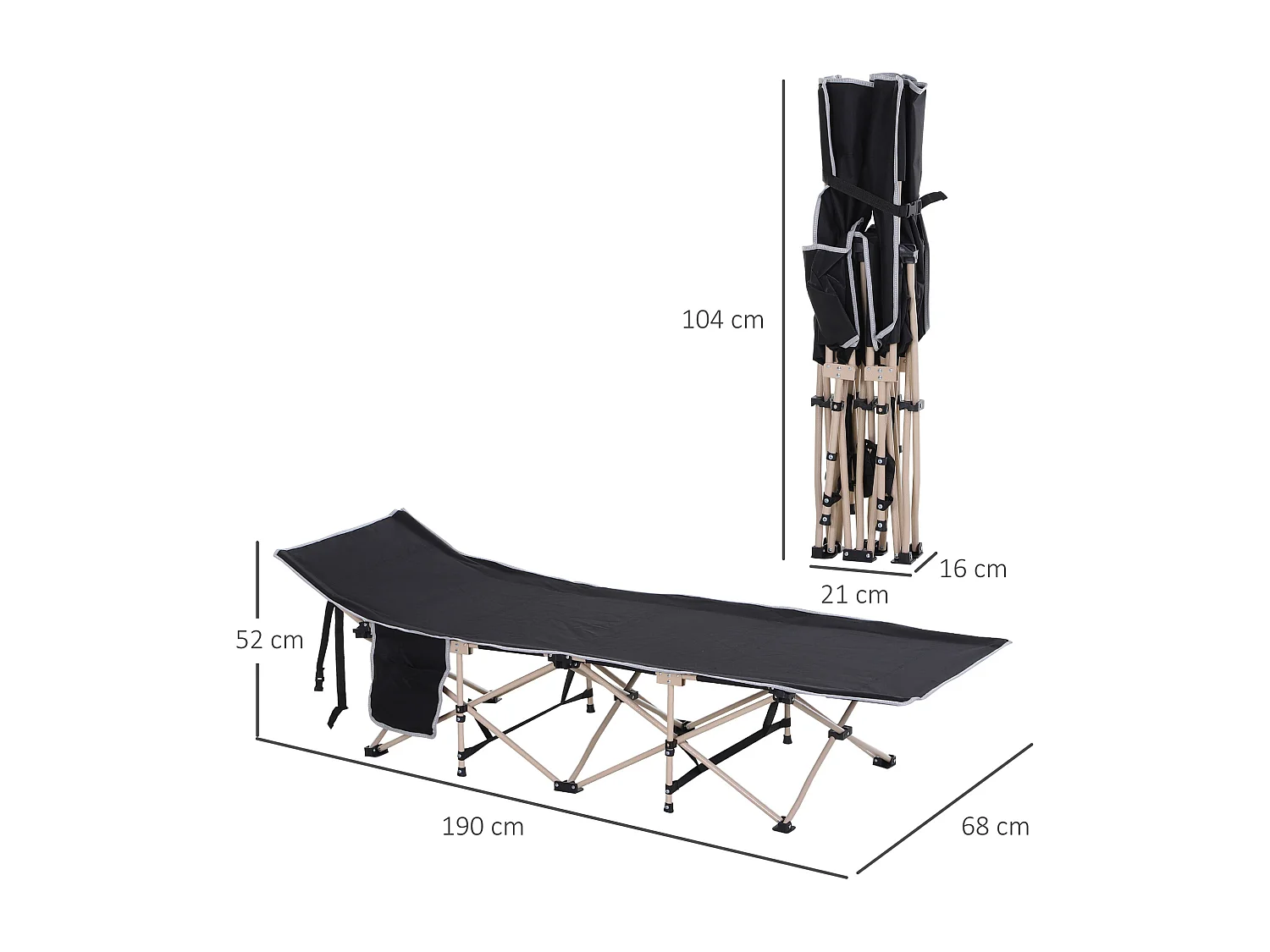 Lit de camping pliable, cadre en acier, toile Oxford, noir (190x68x52 cm)