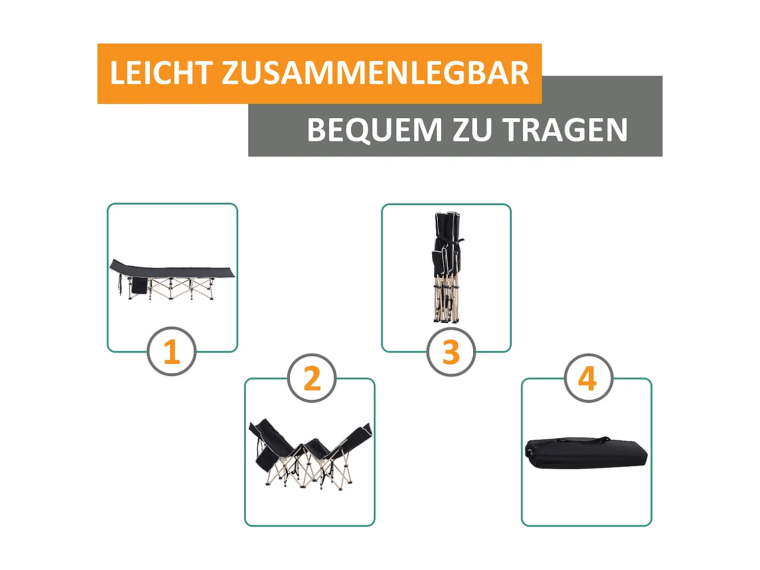 Lit de camping pliable, cadre en acier, toile Oxford, noir (190x68x52 cm)