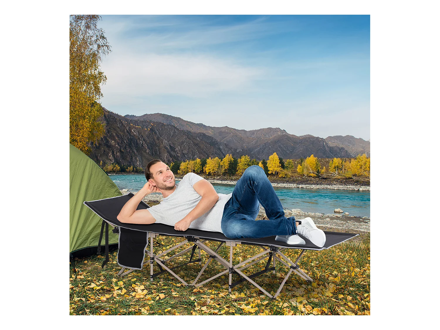 Lit de camping pliable, cadre en acier, toile Oxford, noir (190x68x52 cm)