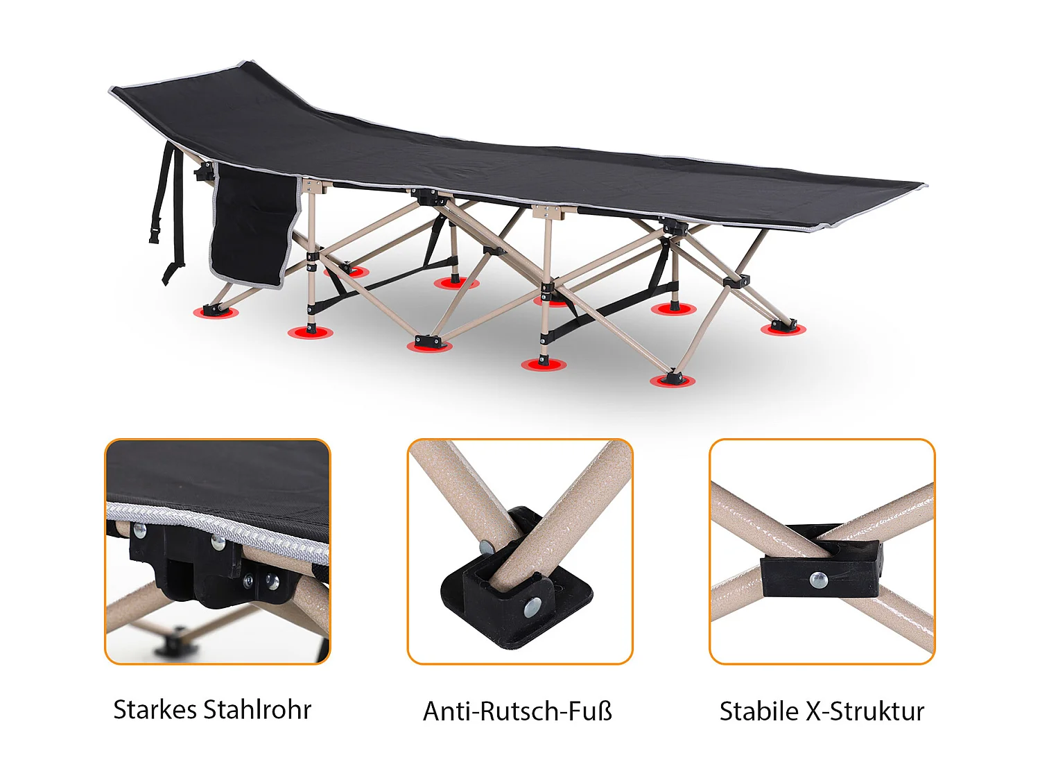 Lit de camping pliable, cadre en acier, toile Oxford, noir (190x68x52 cm)