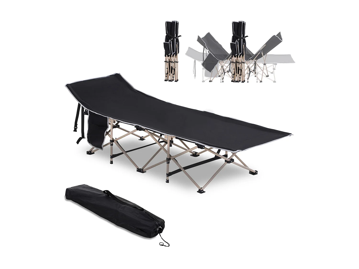 Lit de camping pliable, cadre en acier, toile Oxford, noir (190x68x52 cm)