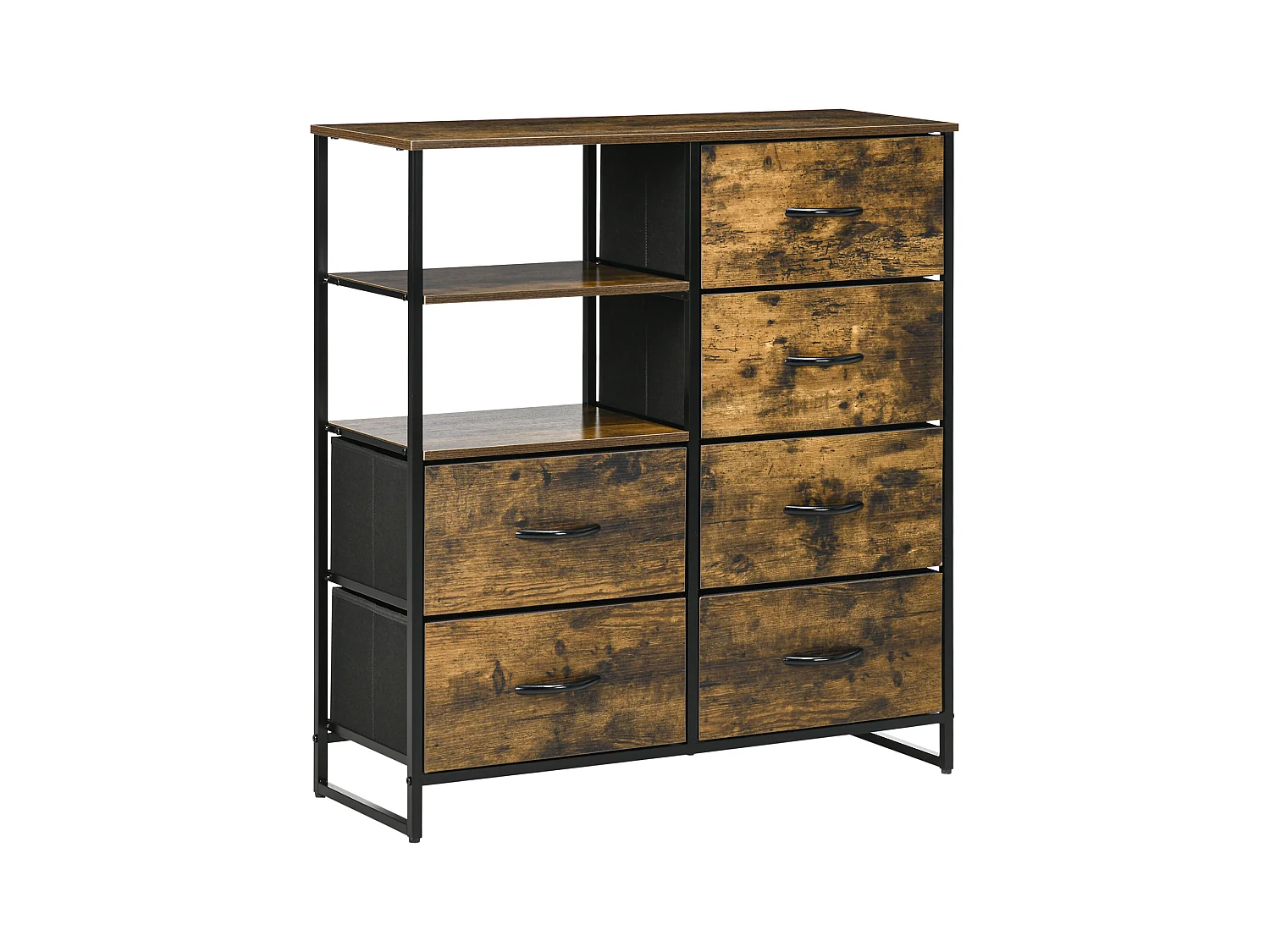Commode avec 6 tiroirs pliables et 2 étagères, design industriel, MDF, marron rustique (84x30x92cm)