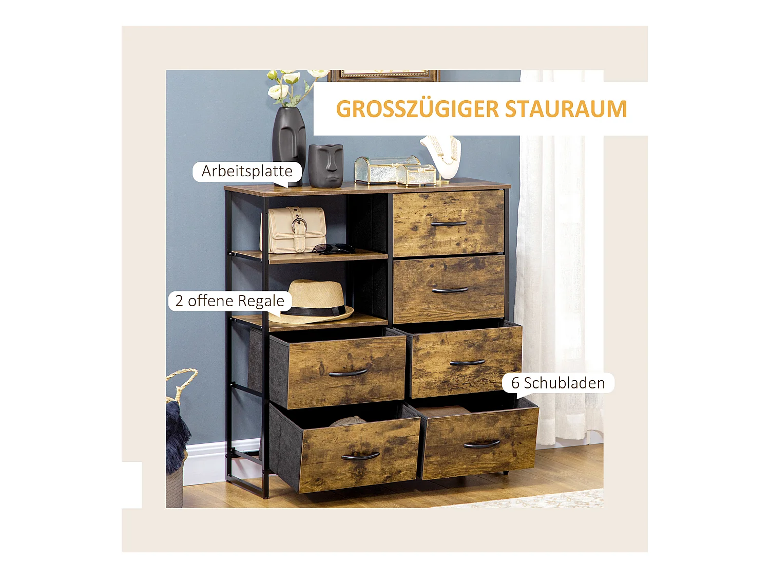 Commode avec 6 tiroirs pliables et 2 étagères, design industriel, MDF, marron rustique (84x30x92cm)