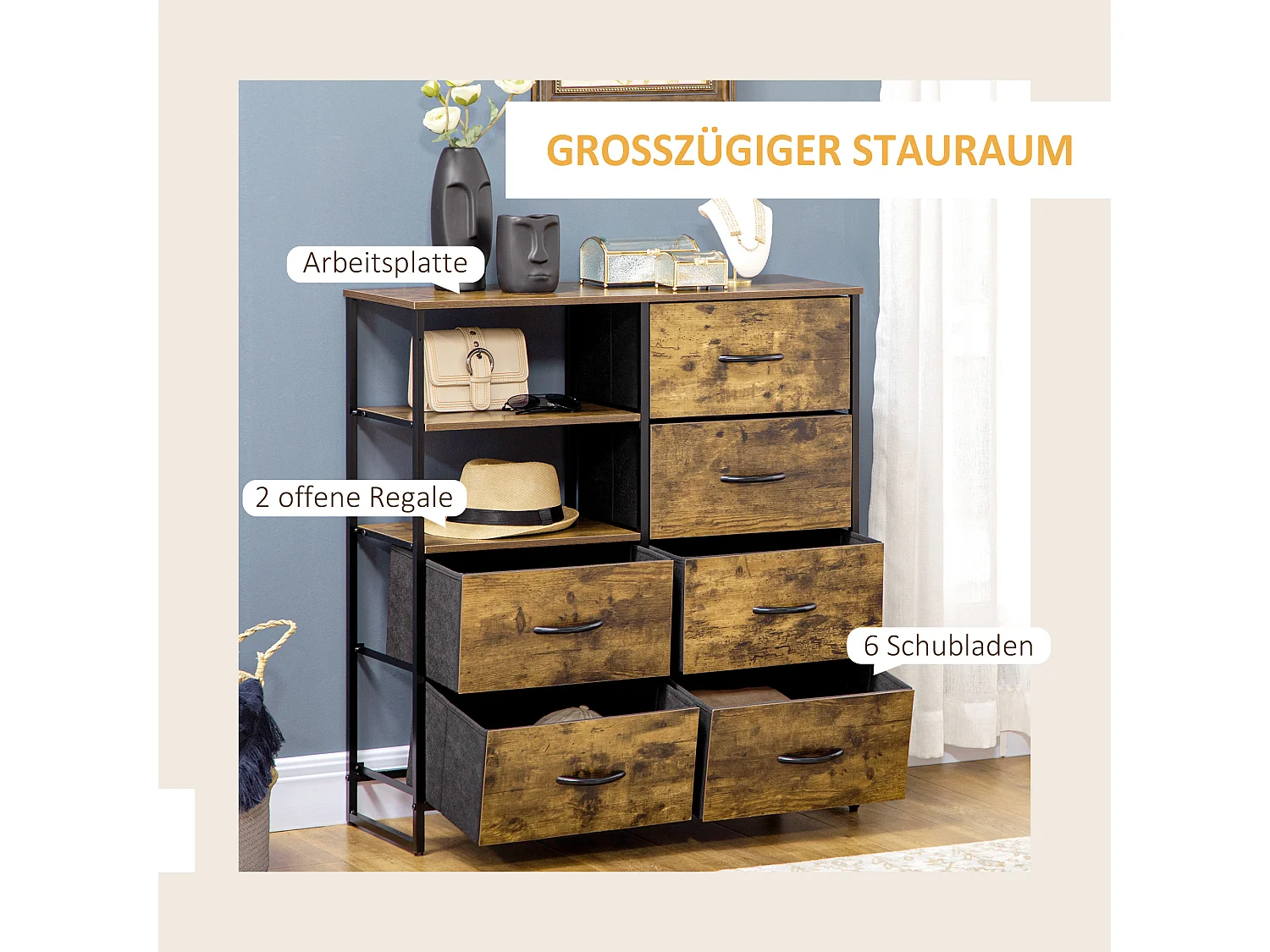 Commode avec 6 tiroirs pliables et 2 étagères, design industriel, MDF, marron rustique (84x30x92cm)