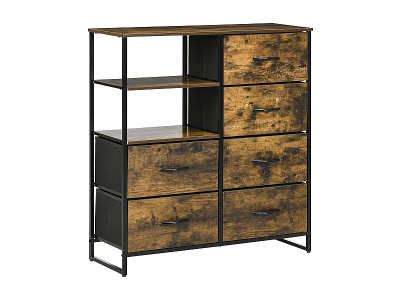 Commode avec 6 tiroirs pliables et 2 étagères, design industriel, MDF, marron rustique (84x30x92cm)