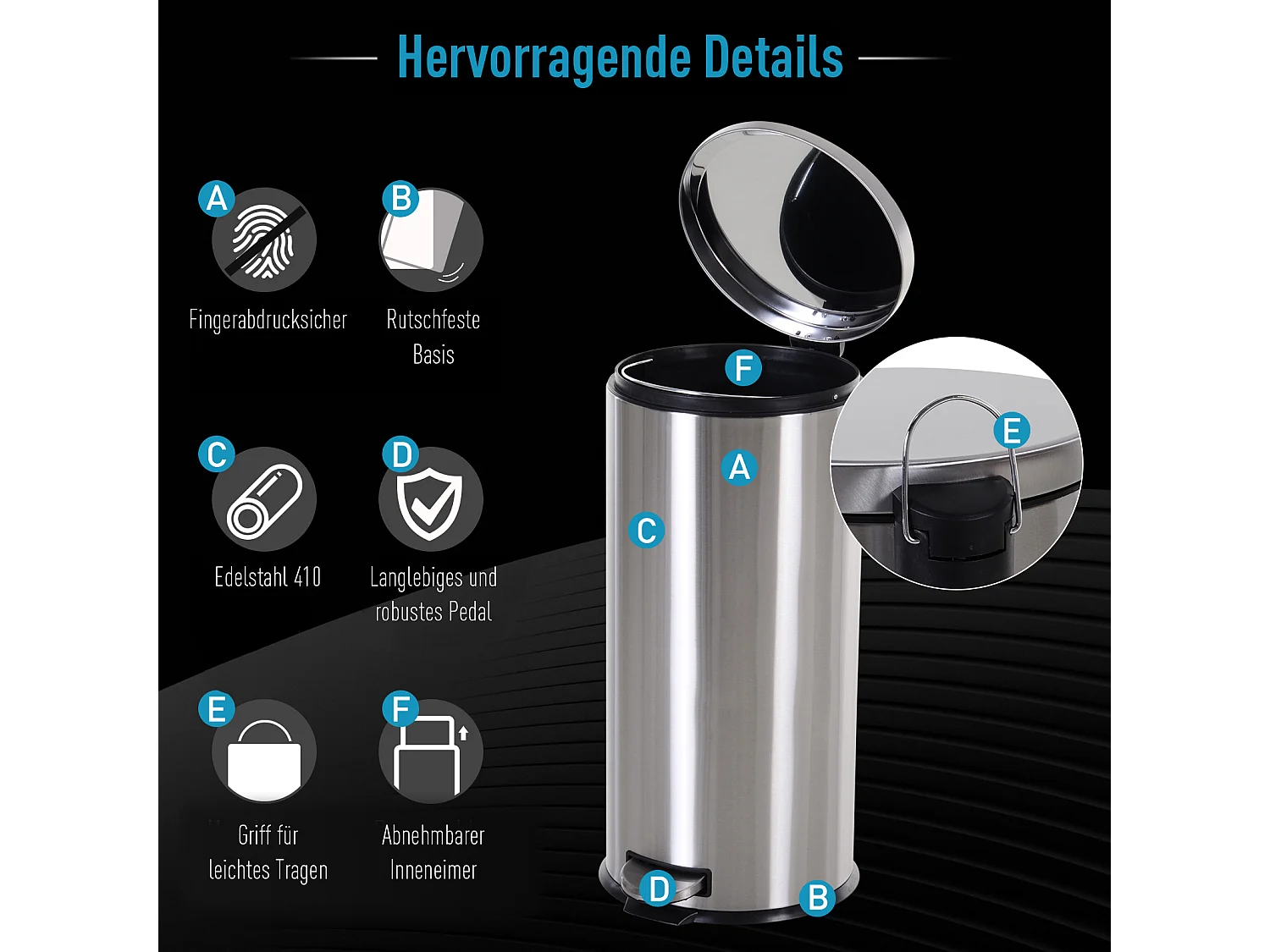 Poubelle à pédale avec seau intérieur, inox, fermeture douce, argent (29.2x29.2x62.5cm)