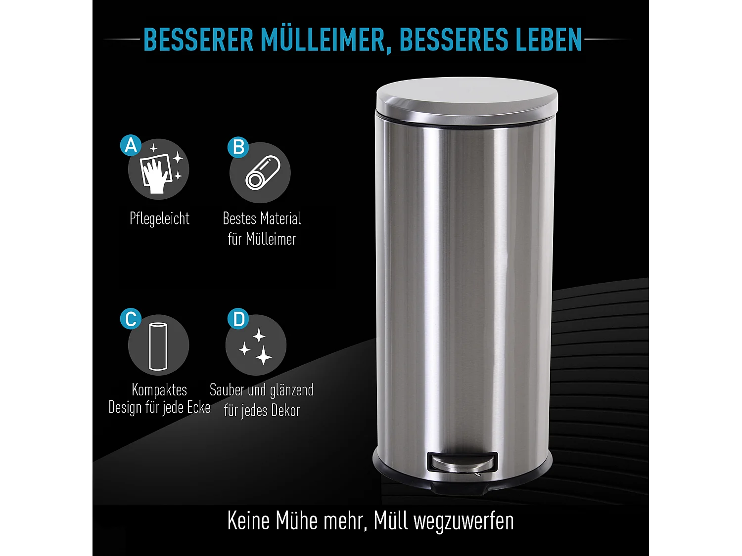 Poubelle à pédale avec seau intérieur, inox, fermeture douce, argent (29.2x29.2x62.5cm)