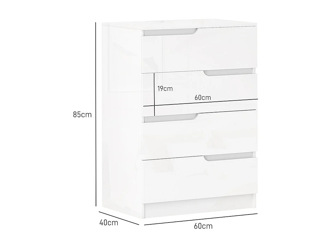 Commode moderne avec 4 tiroirs, finition haute brillance, bois, blanc (60x40x85 cm)