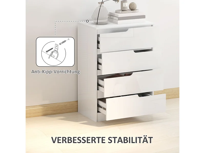 Commode moderne avec 4 tiroirs, finition haute brillance, bois, blanc (60x40x85 cm)
