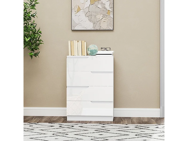 Commode moderne avec 4 tiroirs, finition haute brillance, bois, blanc (60x40x85 cm)
