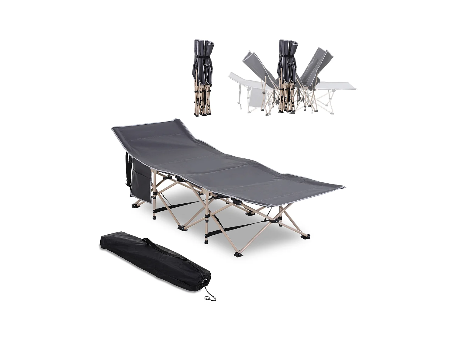 Lit de camping pliable avec sac de rangement, acier, polyester, gris (190x68x52 cm)