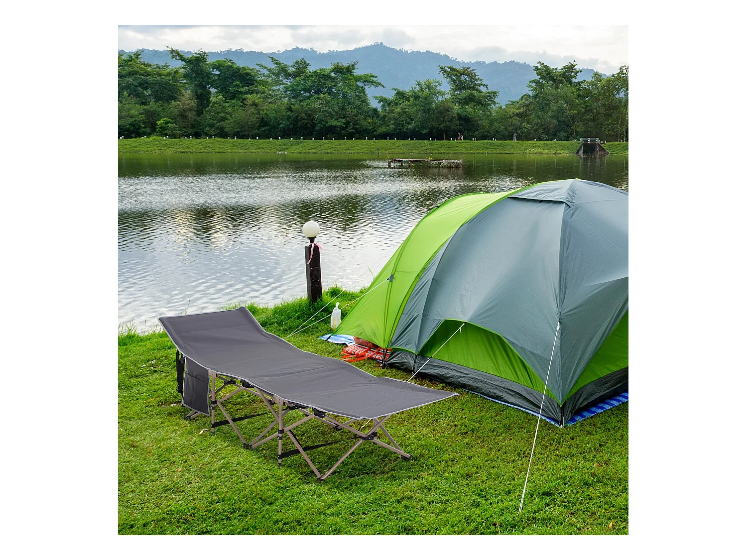 Lit de camping pliable avec sac de rangement, acier, polyester, gris (190x68x52 cm)