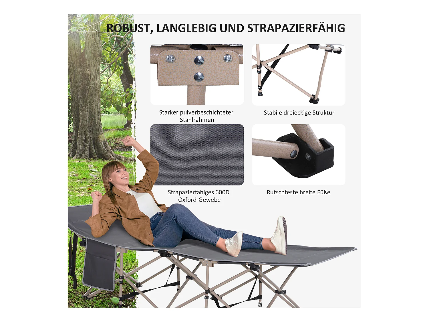 Lit de camping pliable avec sac de rangement, acier, polyester, gris (190x68x52 cm)