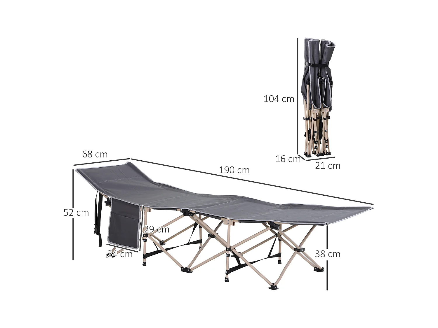 Lit de camping pliable avec sac de rangement, acier, polyester, gris (190x68x52 cm)