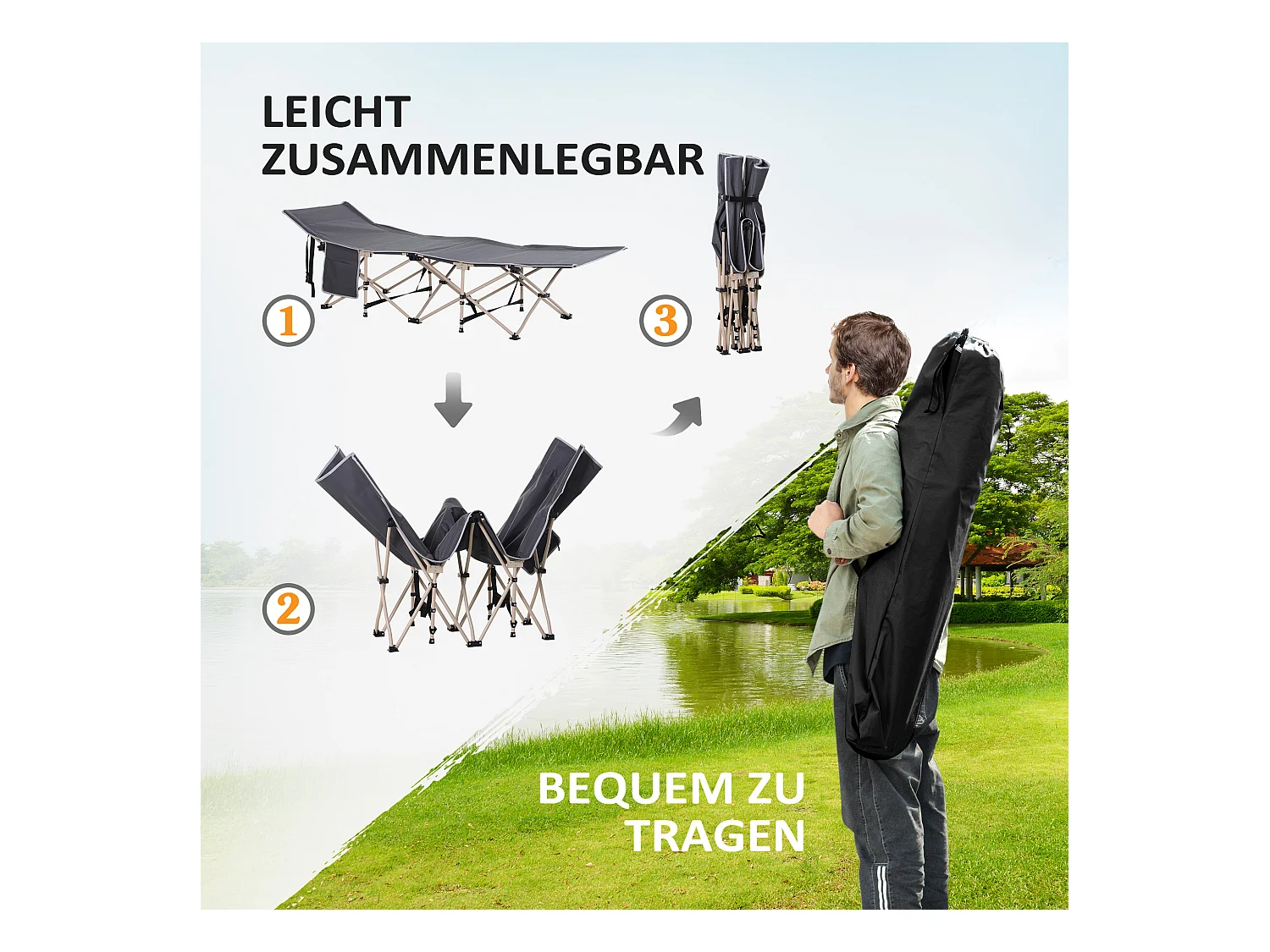 Lit de camping pliable avec sac de rangement, acier, polyester, gris (190x68x52 cm)