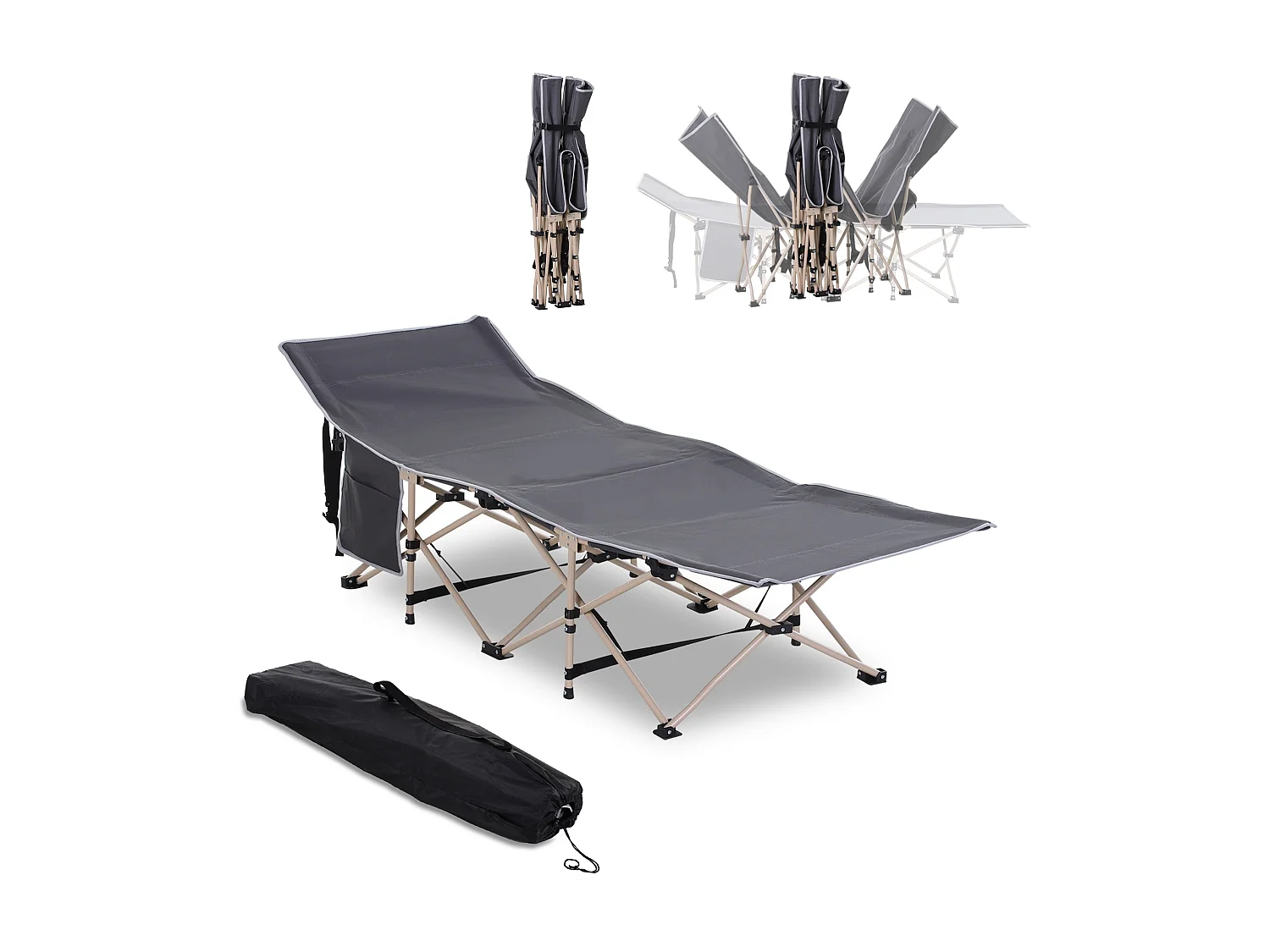 Lit de camping pliable avec sac de rangement, acier, polyester, gris (190x68x52 cm)