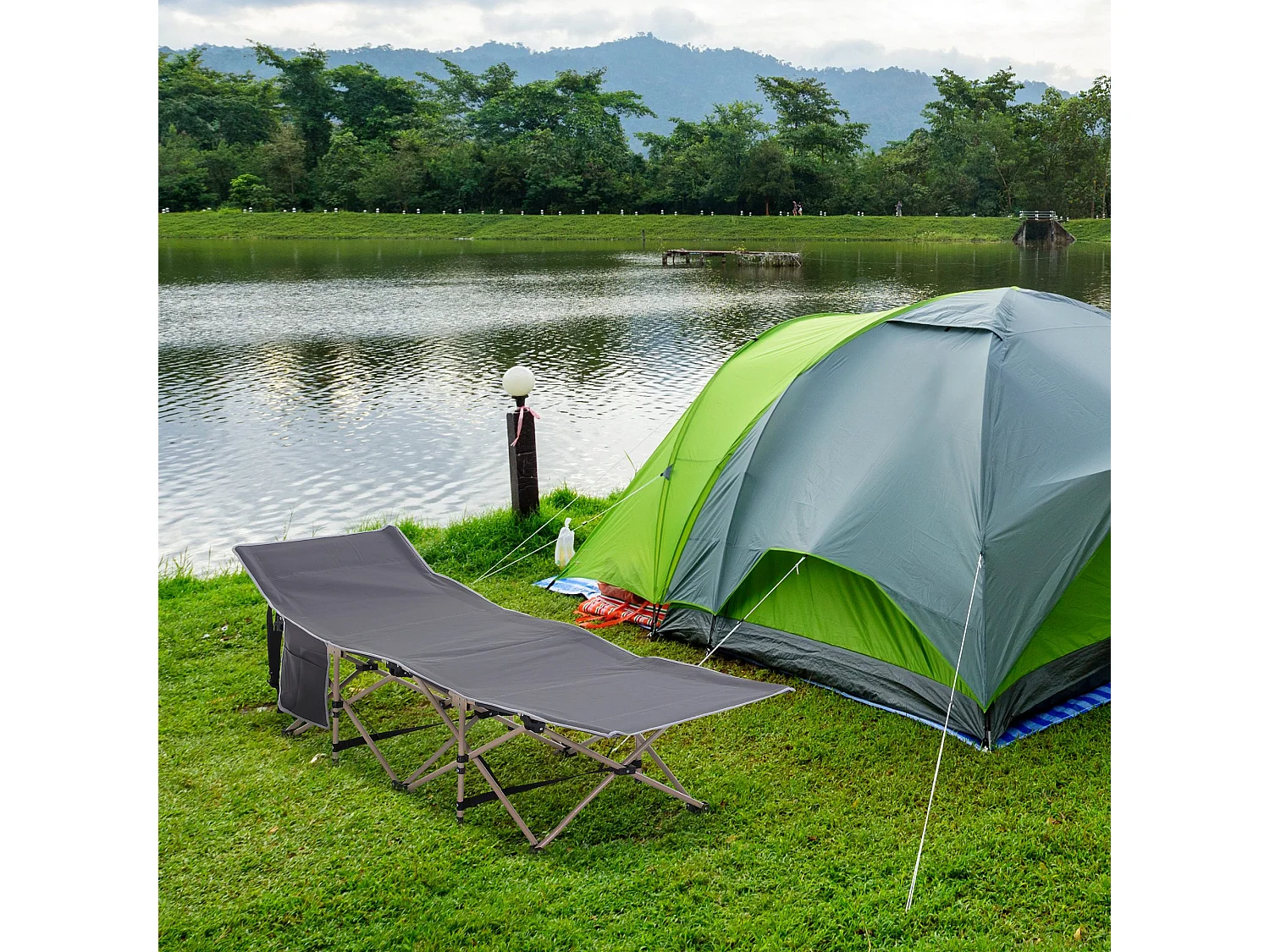 Lit de camping pliable avec sac de rangement, acier, polyester, gris (190x68x52 cm)