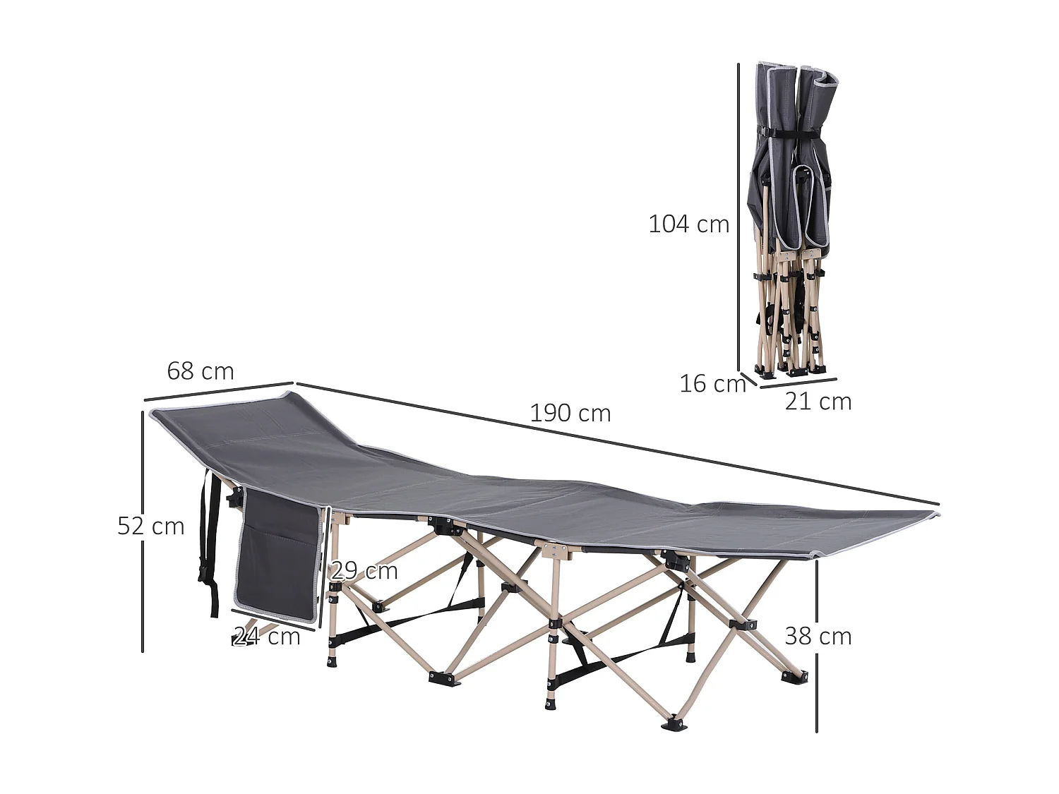 Lit de camping pliable avec sac de rangement, acier, polyester, gris (190x68x52 cm)