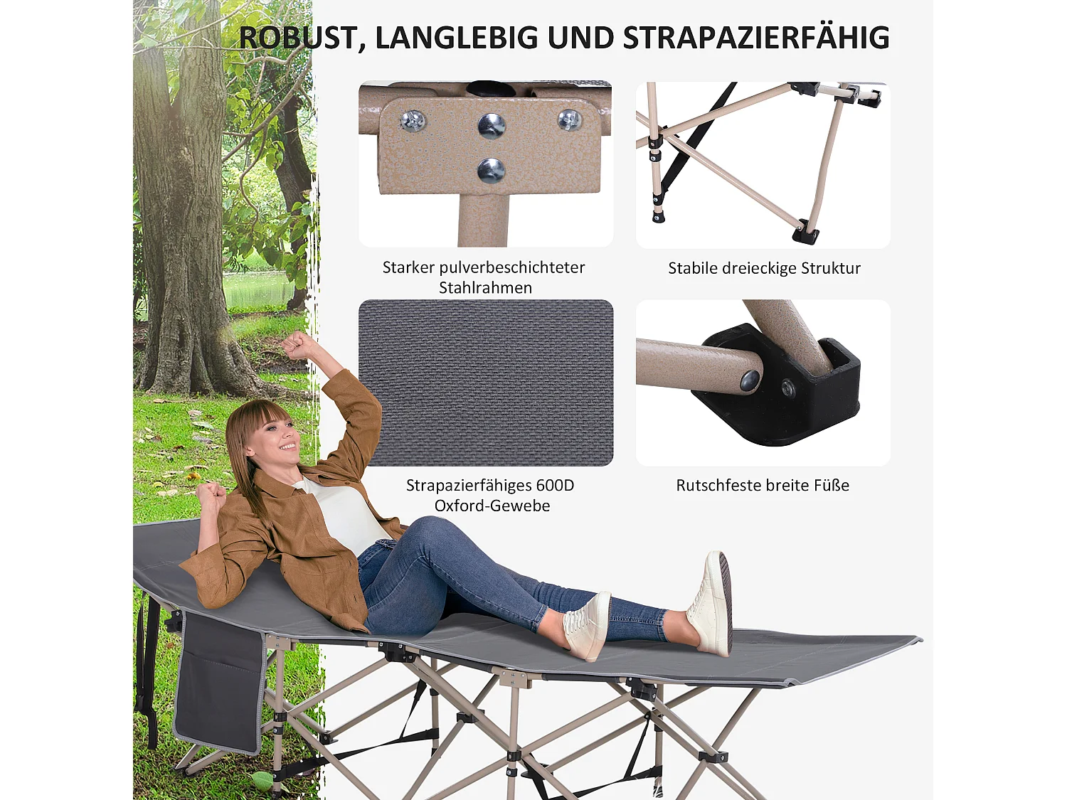 Lit de camping pliable avec sac de rangement, acier, polyester, gris (190x68x52 cm)