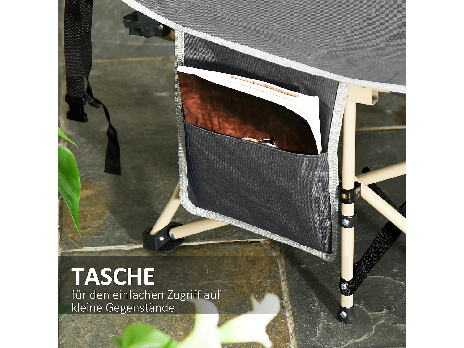 Lit de camping pliable avec sac de rangement, acier, polyester, gris (190x68x52 cm)