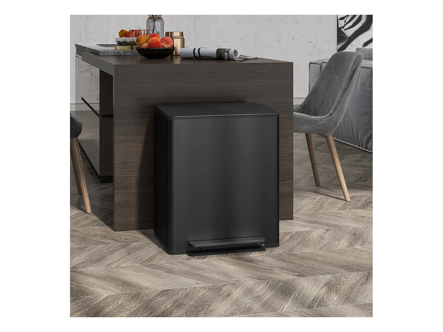 Poubelle à pédale 2x25L, Acier Inox, Noir (47.7x37.5x56 cm)