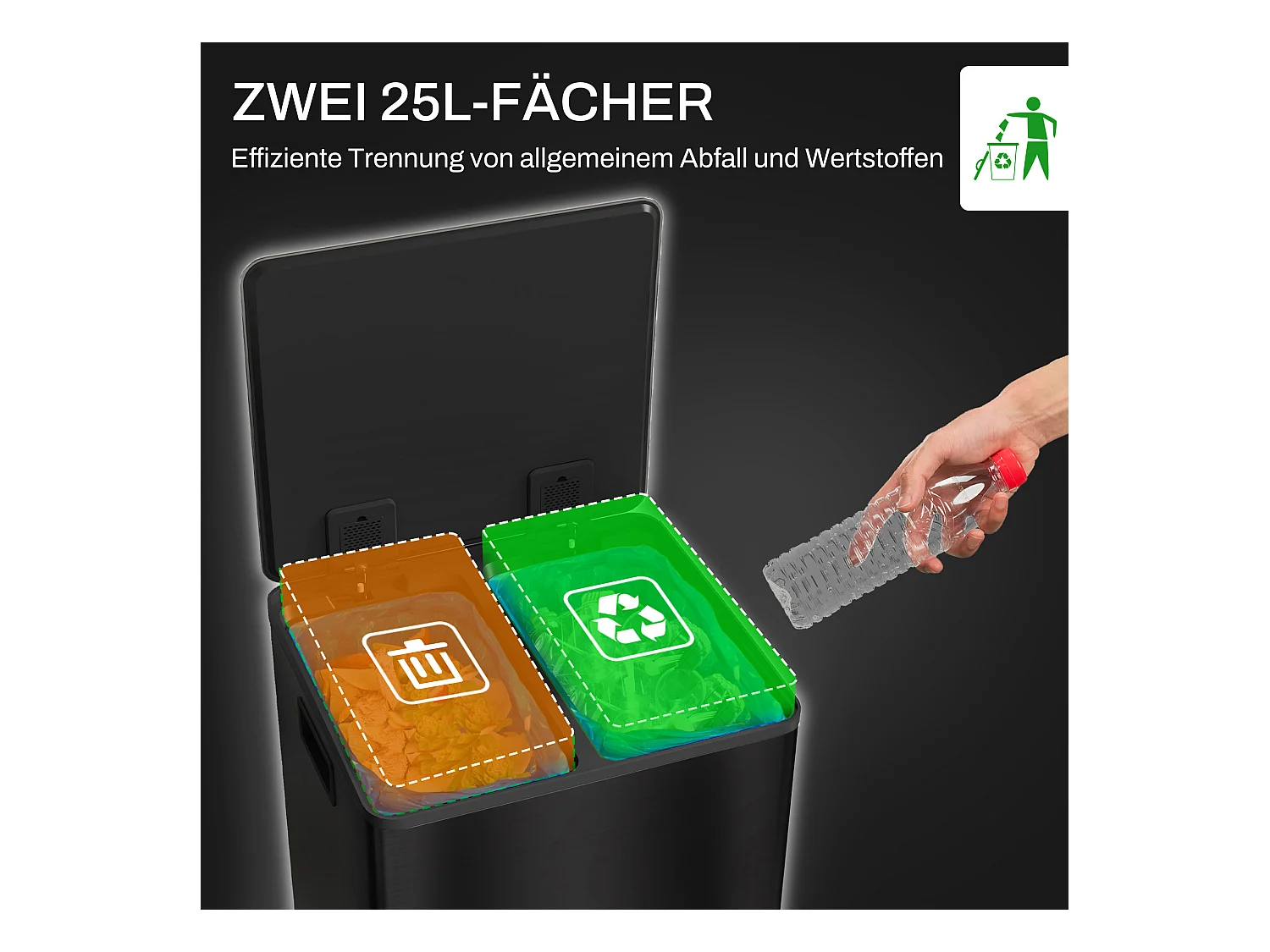 Poubelle à pédale 2x25L, Acier Inox, Noir (47.7x37.5x56 cm)