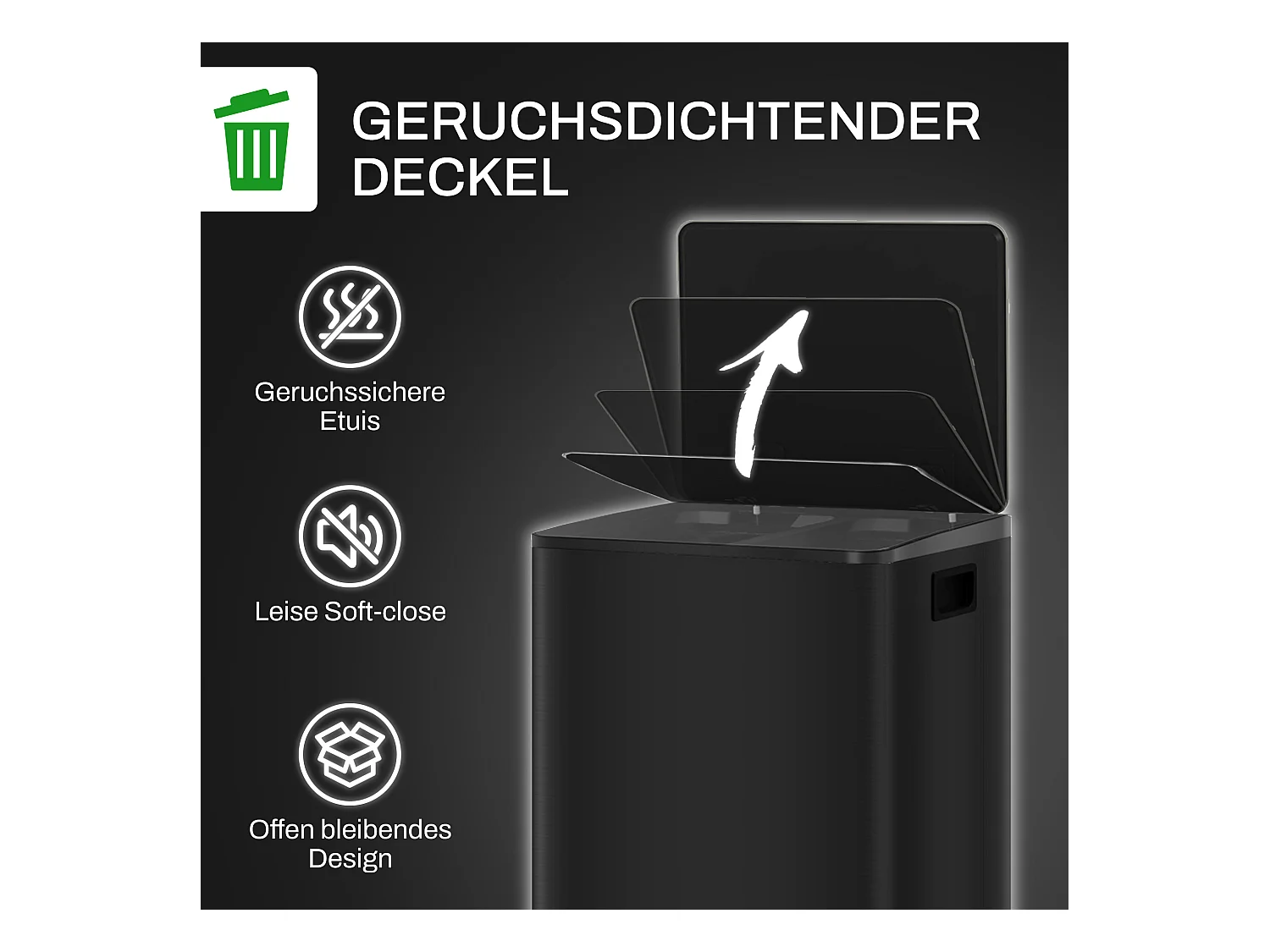 Poubelle à pédale 2x25L, Acier Inox, Noir (47.7x37.5x56 cm)